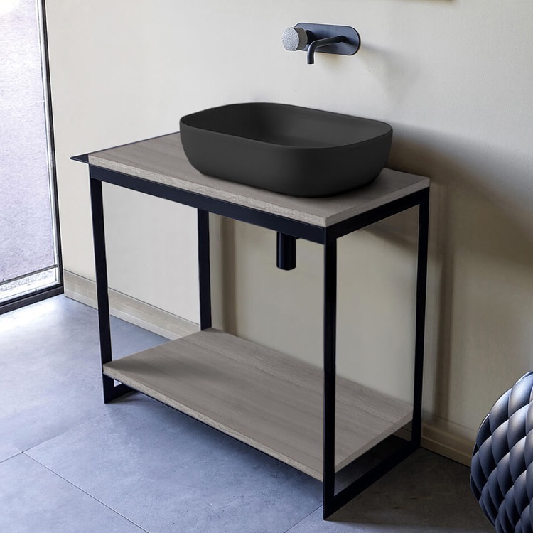 Scarabeo 1804-49-SOL4-88 Console Sink Vanity With Matte Black Vessel Sink and Grey Oak Shelf, 35 Inch